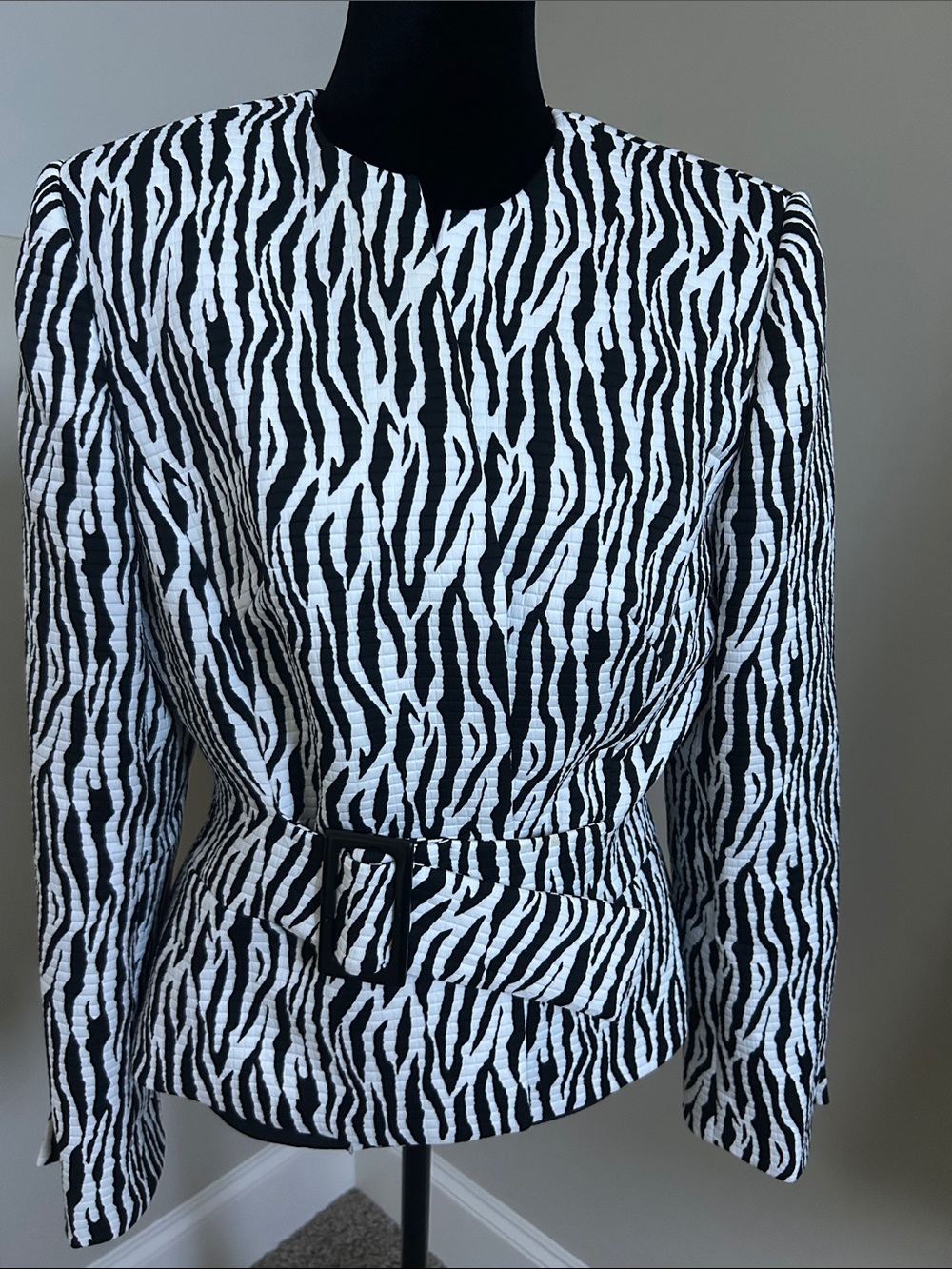Liz Claiborne Black & White Zebra-Print Belted Blazer